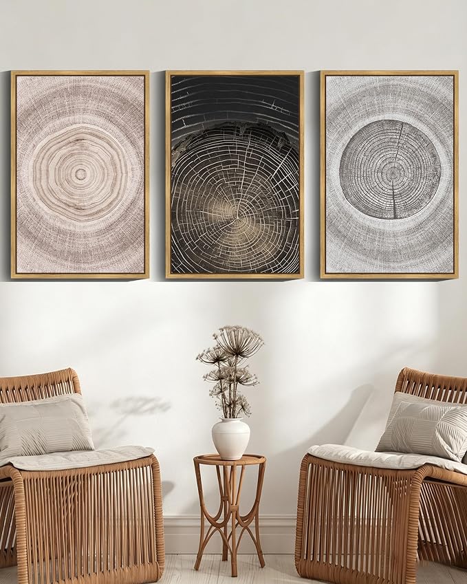 PHOPAGO Vintage Wood Tree Rings Wall Art 24x36in Farmhouse Rustic Framed Canvas Paintings Living Room Bedroom Decor Nature Artwork Natural Framed