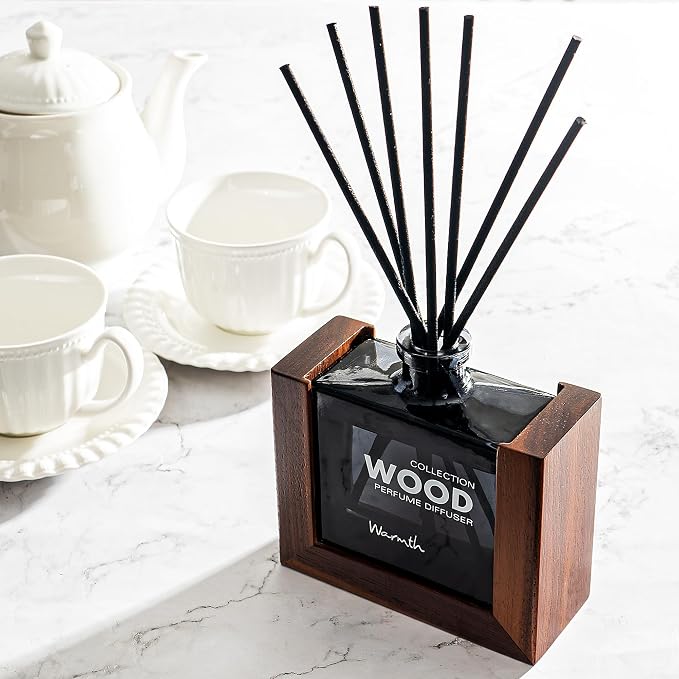 Luxury Reed Diffuser for Home Set with Scented Sticks and Essential Oil Refill in Glass Bottle, Decorative Wooden Frame – Warmth Fragrance for Bedroom Bathroom Office (5.6oz)
