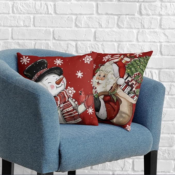 Lovely Christmas Snowman Pillow Covers Santa Throw Pillow Covers 18x18 Set of 2 Red Xmas Pillowcase Winter Snowflakes Cushion Case for Holiday Decorations Couch Sofa