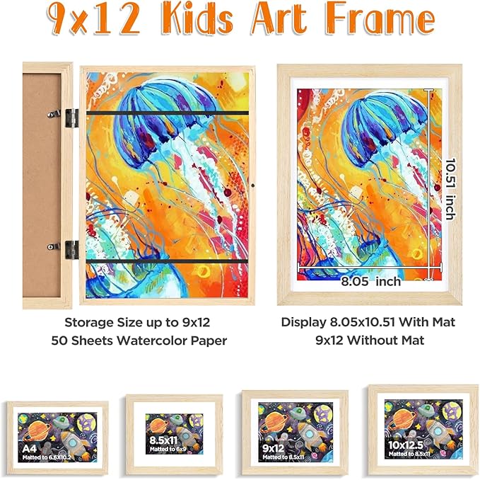 KINLINK 9x12 Kids Art Frame Set of 2, Solid Wood Kids Artwork Frames Changeable with Front Opening Hold 150 Pictures, Art Frames for Kids Art with Mat，without Mat 9x12 Picture Frame Natural