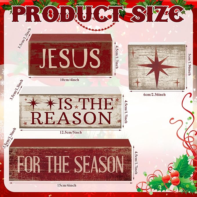 Lineshading 4 Pcs Christmas Table Decoration Jesus Decor Christmas Tiered Tray Decor Christian Centerpiece Decorative Jesus Block Signs Gift Farmhouse for Religious Home Office Tabletop Kitchen Office