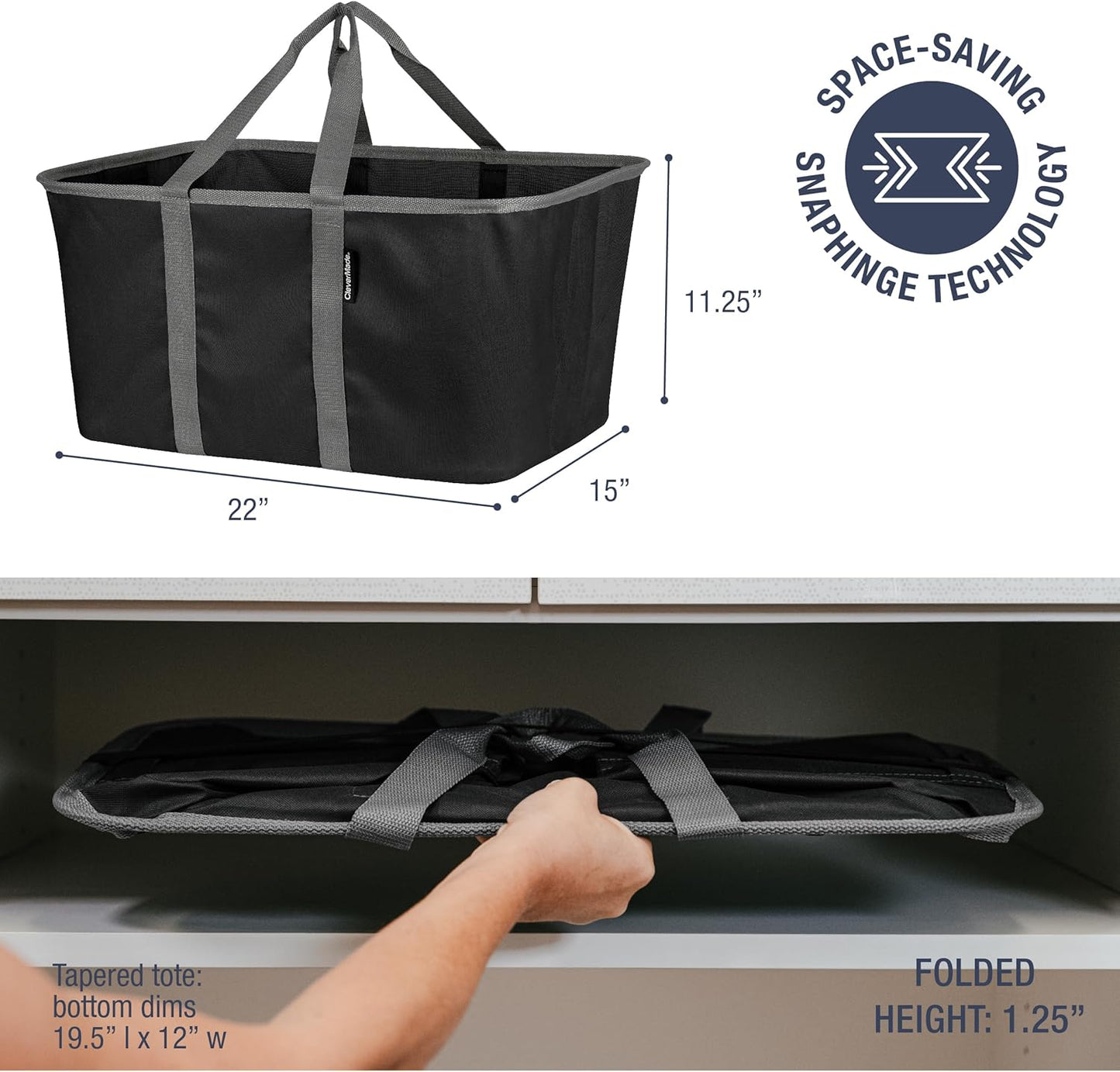 CleverMade Collapsible Laundry Tote - Midnight Black Shadow Gray 2-Pack 50L - Foldable Storage Organization Container for Clothes Laundry Room Storage