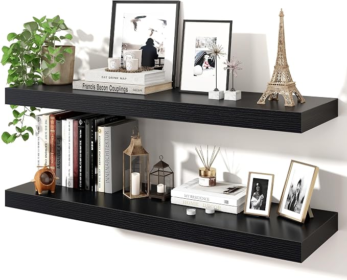 Axeman 36Inch Floating Shelves for Wall, 2 Pack Shelves for Bedroom, Bathroom, Kitchen, Hanging Wall Mounted Rustic Wood Shelf with Invisible Brackets for Books Decor, Black