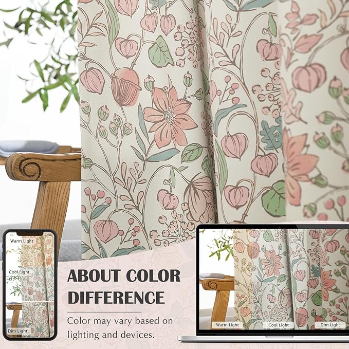 jinchan Nursery Curtains 95% Blackout Pink 90 Inch Long, Spring Floral Curtains for Girls Room, Farmhouse Country Drapes for Living Room, Room Darkening Window Treatments Grommet Top Set 2 Panels