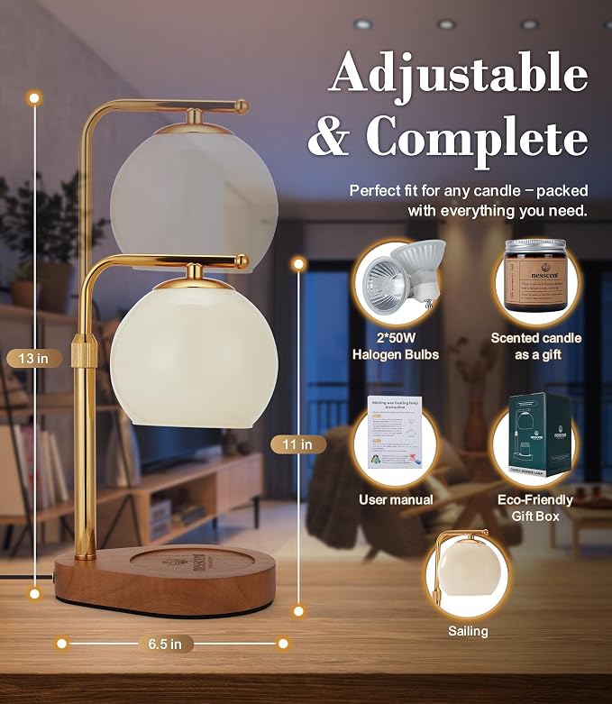 Ivory Glass Candle Warmer Lamp Adjustable Height with Timer 2 4 8H | Warm Gold Hardware | Dark Walnut Base | Dimmer Wax Melt Warmer Includes Candle and Bulbs