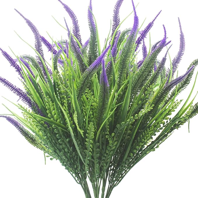 Grunyia 10 Bundles Artificial Plants Outdoor Fake Grass with Flowers UV Resistant Greenery Garden Porch Window Box Decorating (Purple)