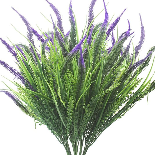 Grunyia 10 Bundles Artificial Plants Outdoor Fake Grass with Flowers UV Resistant Greenery Garden Porch Window Box Decorating (Purple)