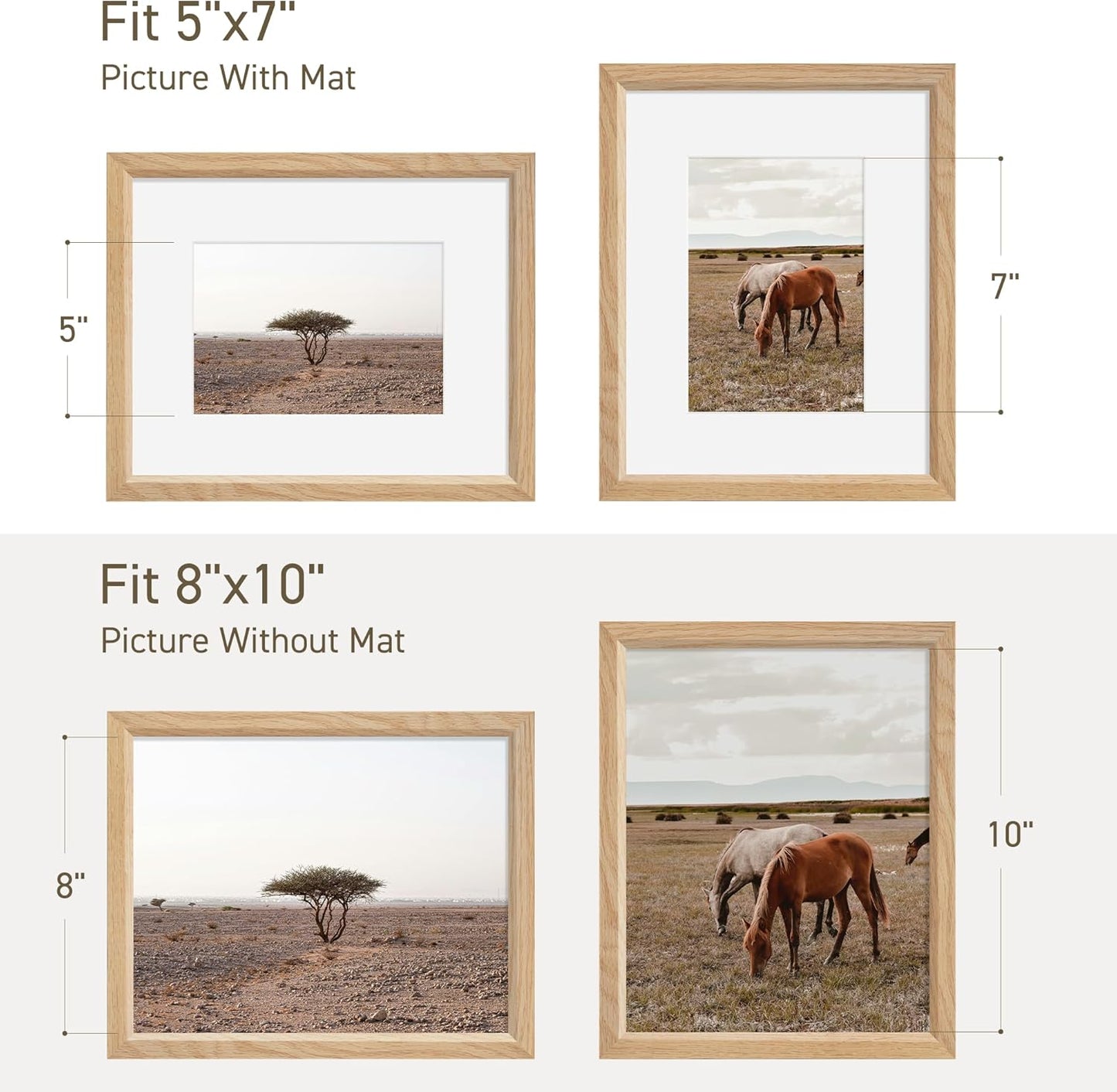 8x10 Picture Frame Set of 4 Natural Solid Oak Photo Frames with 5x7 Removable Mat Wall Hanging Large Handcrafted Frame with HD Plexiglass Wall and Tabletop Display Large Poster Frame