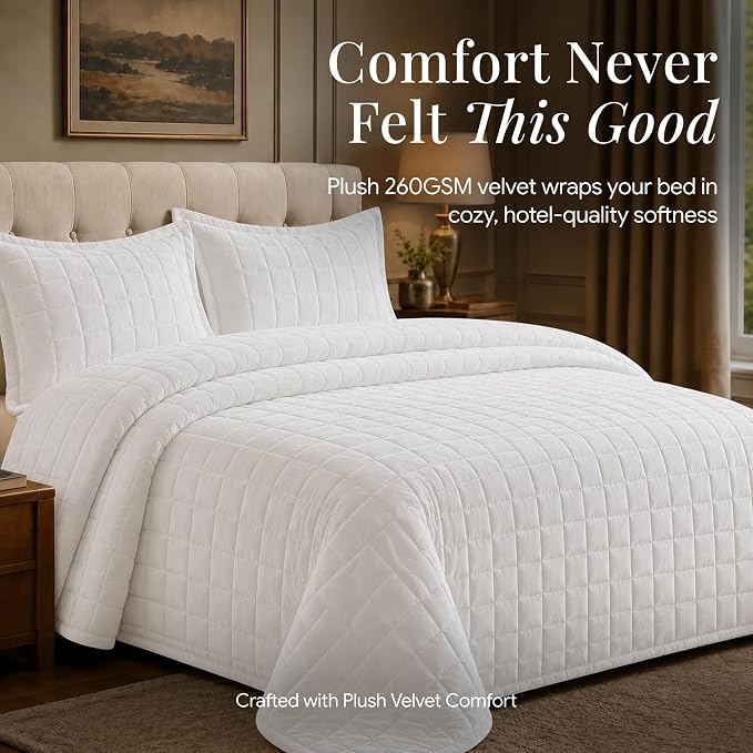 Tribeca Living Luxury Velvet Quilt Queen Size Set - 260GSM Ultra-Soft Oversized Velvet Bedspread Comforter Set with 2 Shams, in Florence White