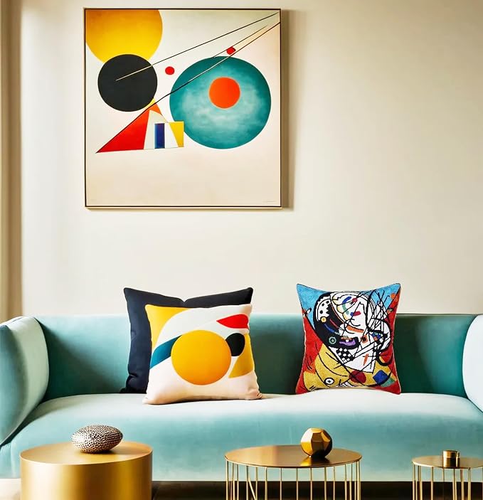 Kandinsky Balancement Decorative Pillow Cover Abstract Toss Pillows Farmhouse Chair Cushion Contemporary Pillow Mid-Century Chair Cushions Hand Embroidered Pillow Wool Size 18x18