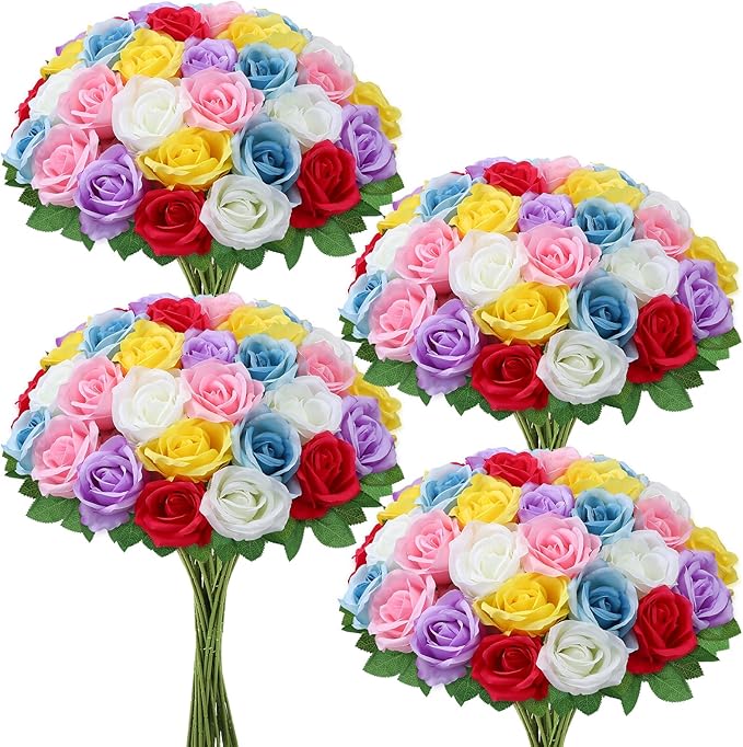36 Pcs Mixed 6 Color Artificial Roses with Long Stems, Fake Silk Rose Artificial Flowers Bulk for Bridal Wedding Bouquet Centerpiece Ball Arrangement Party Decor