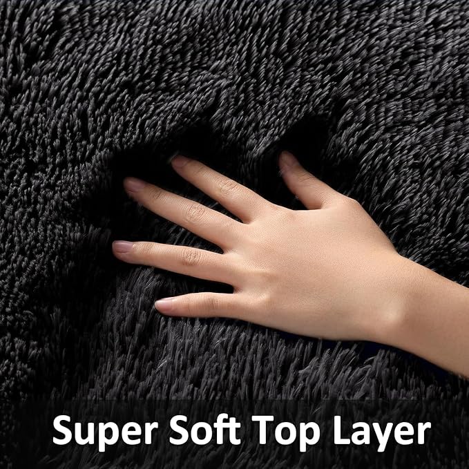 Ophanie Small Rug Washable Non Slip Throw Bedside Area Rugs, Fluffy Soft Mini Bedroom Carpet, 1.5x2.5，1.5x4 and 1.5x5 Rug Set, 3 Piece Black with Over 99 pcs Pile fibers