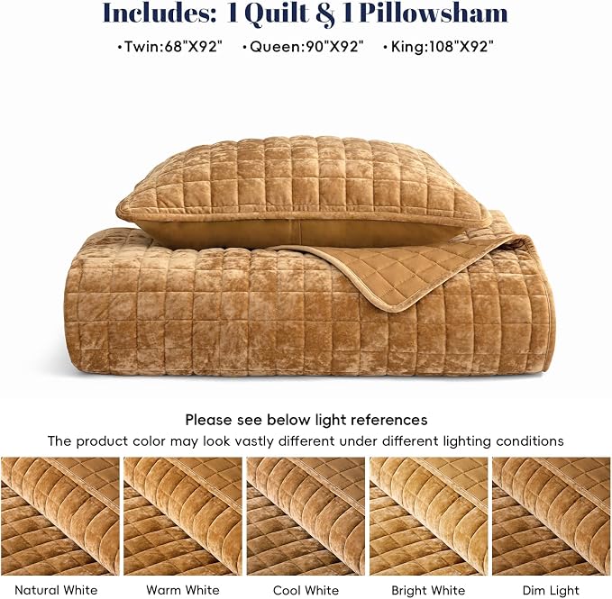 PHF Luxurious Velvet Quilt Set Twin Size – 2PCS Super Soft Quilted Comforter Alternative with Square-Box Quilt Pattern, Warm Quilted Bedspread Coverlet, 68" x 92", Rusty Burnt Orange