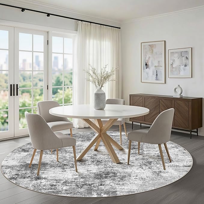 10ft Round Rug Living Room: 10x10 Washable Large Neutral Circle Area Rug Abstract Soft Modern Stain Resistant Indoor Floor Non-Slip Carpet for Bedroom Nursery Kids Office Playroom- Black Gray
