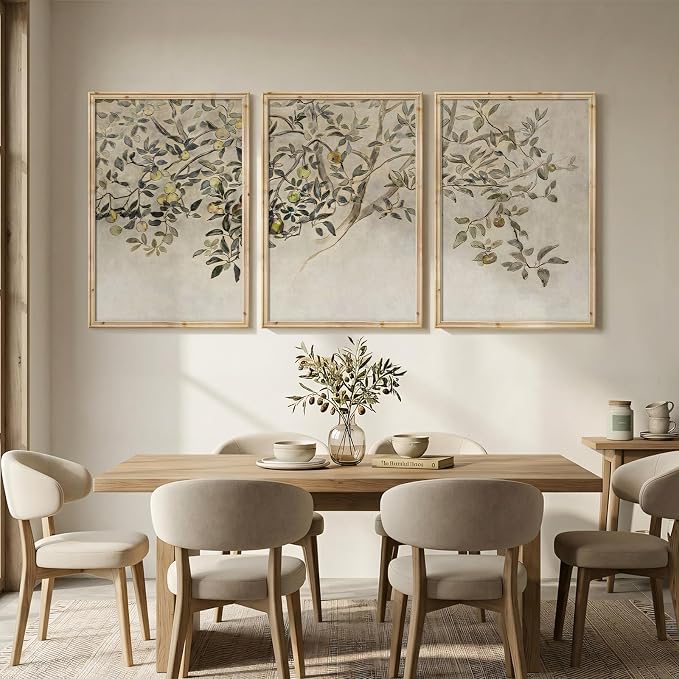Large Vintage Framed Tree Wall Art for Living Room, 3 Piece Neutral Rustic Botanical Canvas Prints Artwork for Walls, Modern Farmhouse Leaf Pictures for Bedroom Dining Room Office Wall Decor, 24x36 In