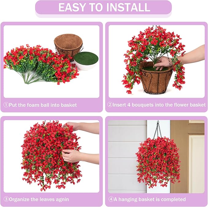 INXUGAO Artificial Hanging Flowers Plants with Basket for Outdoors, Realistic Faux Silk Daisy Flower Eucalyptus for Spring Decor, UV Resistant Fake Plants for Porch Patio Yard Balcony, Red
