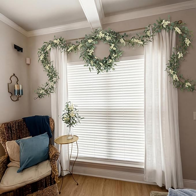 Pinkpum 20'' Eucalyptus Wreath 6FT Greenery 20'' Artificial Plants Set 6 for Front Door Fireplace Table Hanging Porch Wall Home Window Decor Farmhouse Garden Indoor Outdoor Summer Spring Fall Garland
