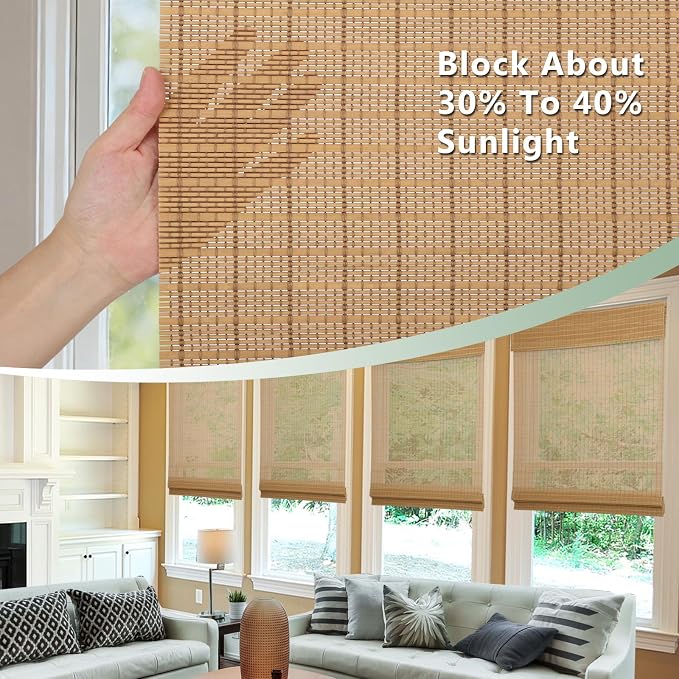 Cordless Bamboo Roman Shades, Woven Wood Roman Blinds, Light Filtering Natural Blinds for Windows, Doors, Thrush Without Liner, 32" W x 48" H