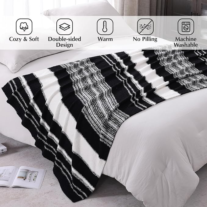 WRENSONGE Soft Throw Blanket for Couch-Cozy Reversible Knitted Blankets | Lightweight Warm Fluffy Decor for Women, Mom, Her & Girls, Sofa, Chair, Bed, 50x70in,Black White Stripe