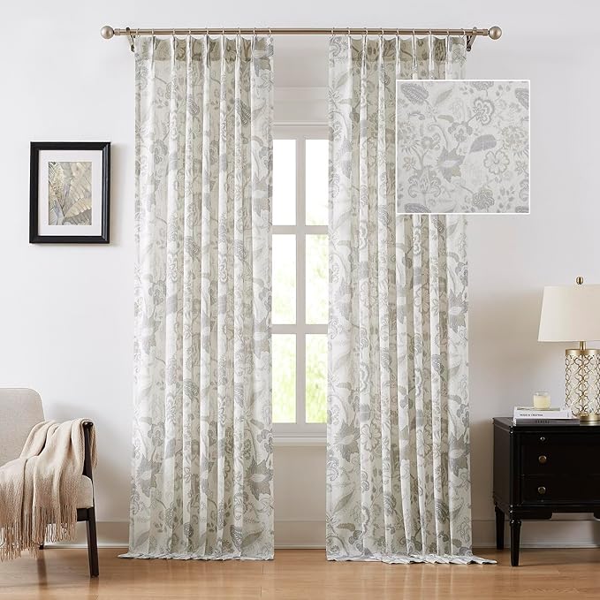 Kayne Studio Pinch Pleated Jacobean Floral Light Filtering Window Curtains Boho Botanical Leaf Printed Vintage Farmhouse Linen Grey Back Tab Window Treatment Set Living Room Bedroom,40"x90",2 Panels