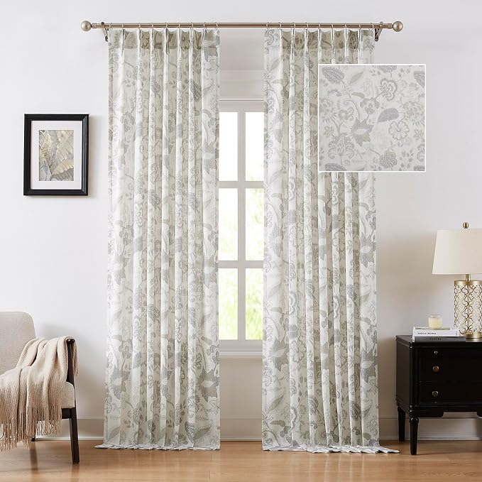 Kayne Studio Floral Leaf Print Light Filtering Curtains Grey Linen Botanical Leaf Flower Farmhouse Drapes Semi Sheer Window Treatment Set for Living Room Bedroom Pinch Pleated BackTab,40"x95",2 Panels