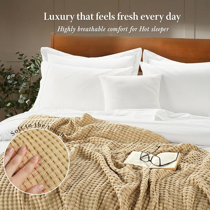 Threadmill Cooling Blanket Twin Size Waffle Weave| Breathable, Lightweight & Ultra-Soft | Made from Rayon Derived from Bamboo | Waffle Throw for Couch and Sofa | 68 x 92 Inches | Beige