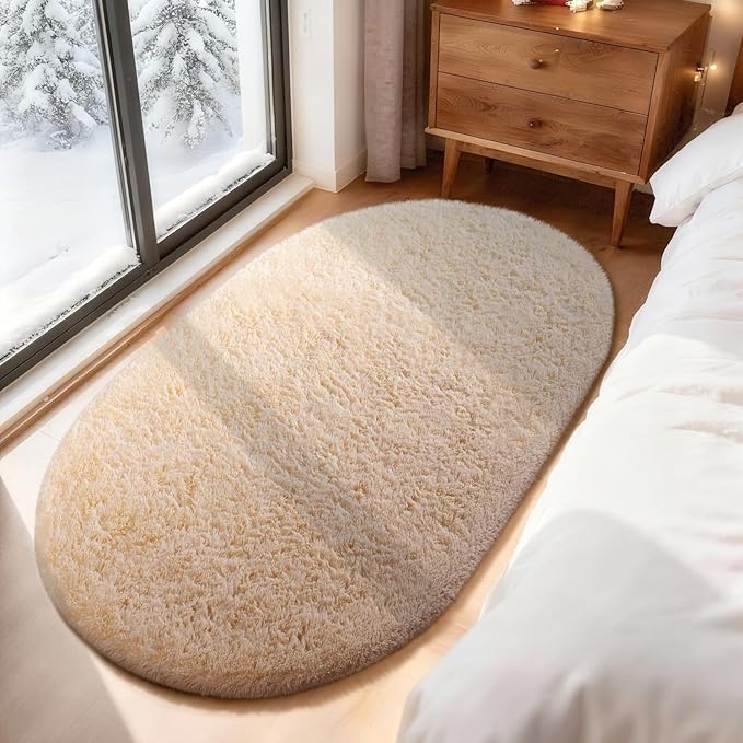 Ophanie 3x5 Beige Oval Rugs for Bedroom Living Room, Small Fluffy Fuzzy Carpet, Plush Soft Shaggy Bedside Indoor Floor Area Rug for Kids Girls Boys Baby Teen Dorm College Nursery Home Decor Aesthetic
