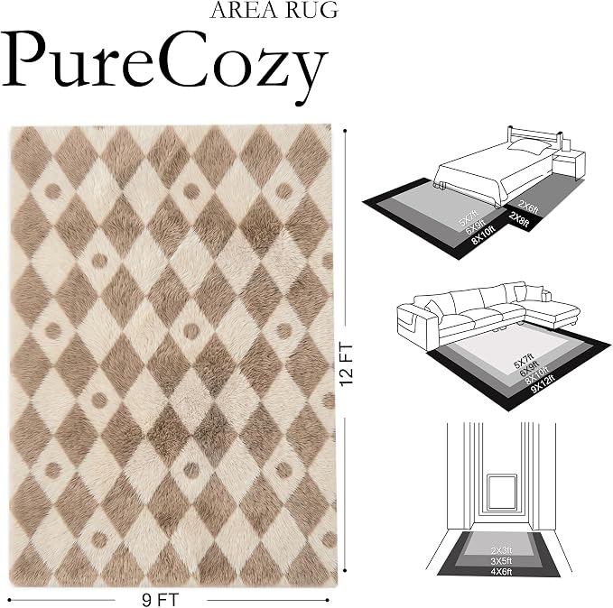 PureCozy Brown 9x12 Area Rug for Living Room Washable Non Slip Neutral Soft Bedroom Checkered Carpet Colorful Fluffy Modern Shag Fuzzy Indoor Large Aesthetic Bedroom Home Office Playroom Nursery
