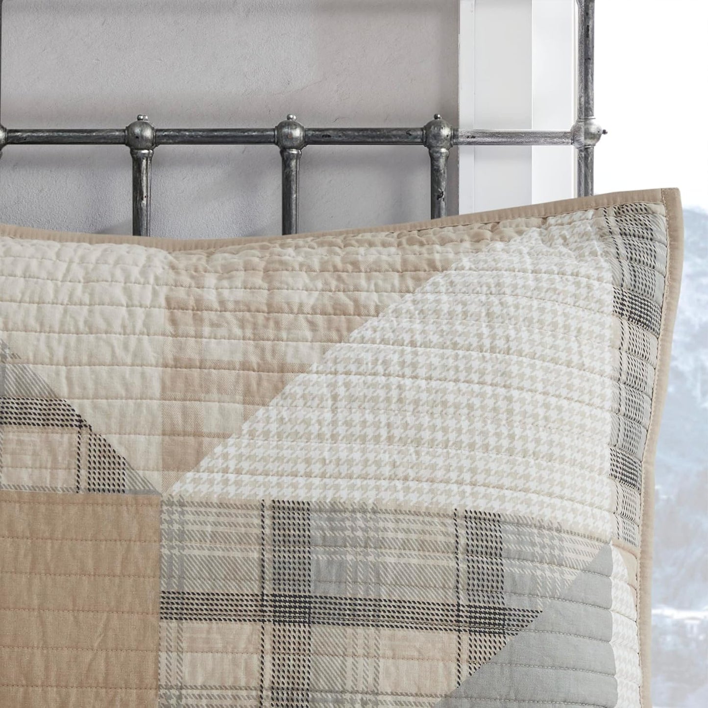 Woolrich Olsen Reversible Quilt Set - Cottage Styling Reversed to Solid Color, All Season Lightweight Coverlet, Cozy Bedding Layer, Matching Shams, Oversized King/Cal King Geometric Plaid Tan 3 Piece