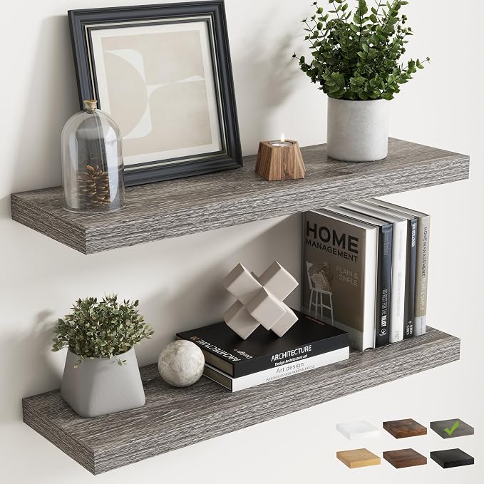 30 Inch Floating Shelves for Wall Set of 2, 8"D Wood Grain Bathroom Shelves with Invisible Brackets, Easy Install Engineered Wood Storage Shelves for Kitchen, Living Room, Bedroom, Grey Oak Finish