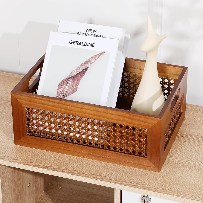 Wooden Storage Basket Set of 4 Handmade Rattan Drawer Storage Box with Frame & Handles Decorative Natural Bamboo Woven Bins Rustic Farmhouse Decor Home Office Tabletop Shelf Organizer