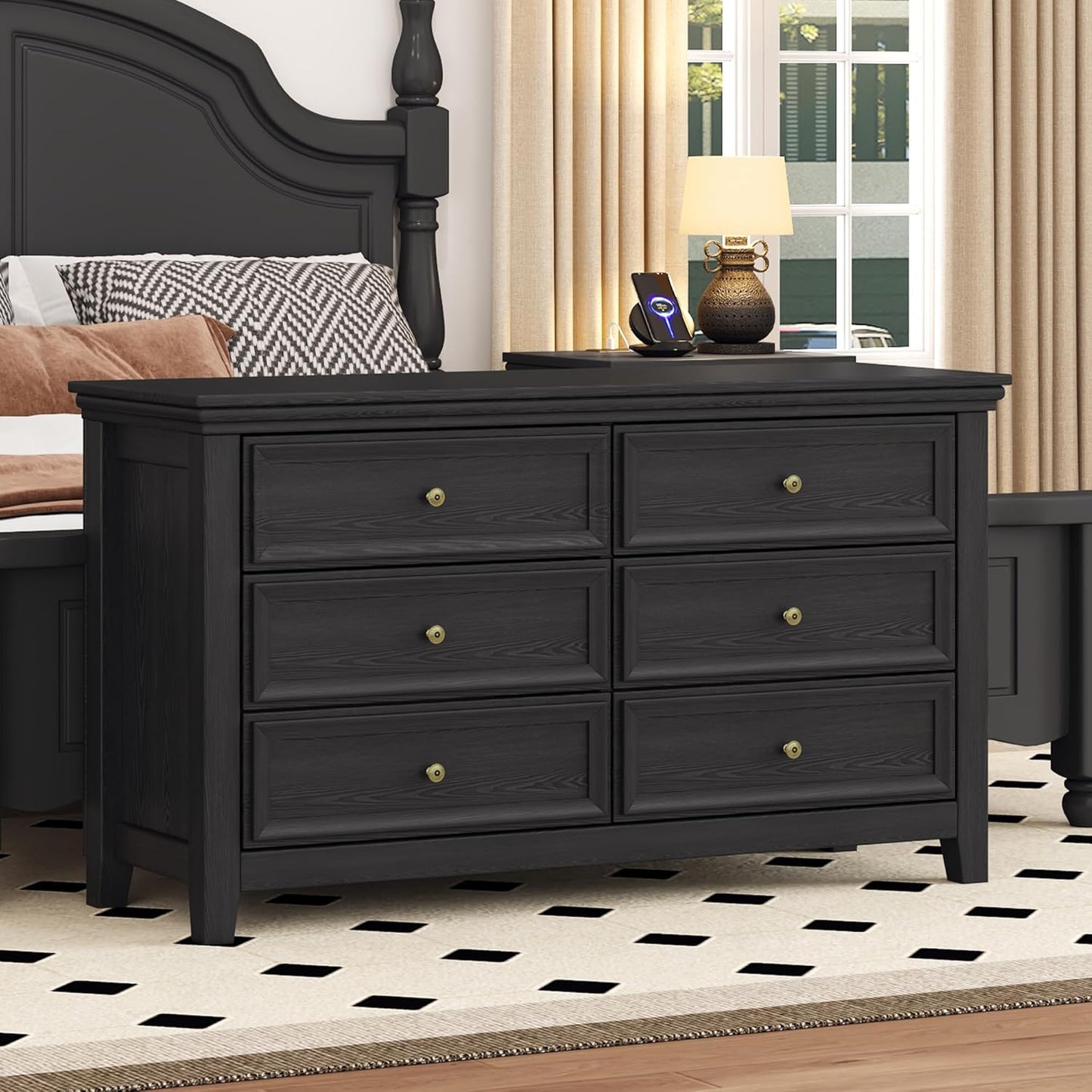 BLANKSPACE Black 6 Drawer Dresser, Modern Dresser for Bedroom, Wood Drawer Organizer with Metal Knobs, Large Capacity Wood Cabinet for Bedroom, Hallway