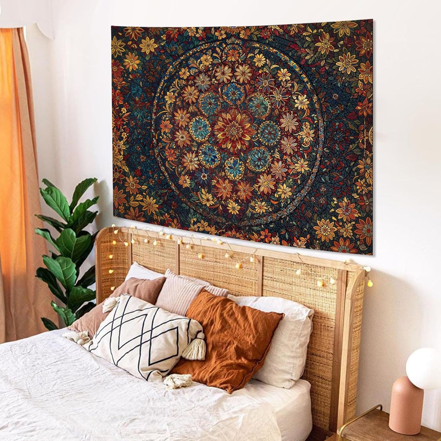 Fowocu Boho Floral Mandala Tapestry Wall Hanging Vintage Bohemian Flower Medallion Tapestry Aesthetic Orange Stained Glass Hippie Small Tapestries for Bedroom Living Room Dorm Decor 48 x 36 Inch