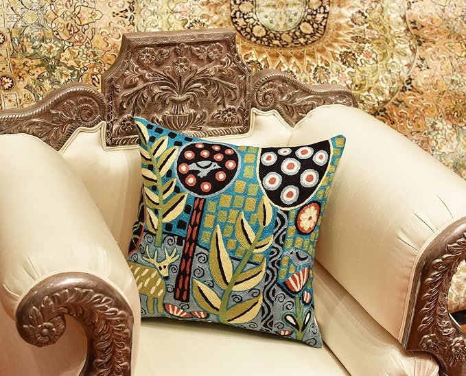 Turquoise Tree of Life Throw Pillow Cover Karla Gerard Plant Pillowcase Deer Design Cushion Green Teal Flower Animal Face Cushion Flower Pillowsham Hand Embroidered Wool 18x18 Inch
