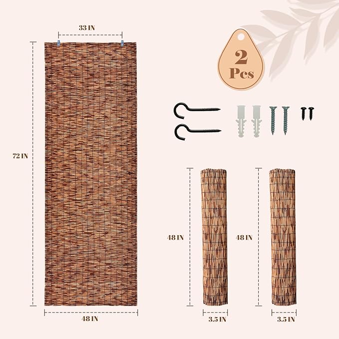 Reed Roller Shades,2 Pcs 48" W x 72" H Waterproof Privacy Screen Bamboo Outdoor Blind, Reed Curtain for Porch, Patio, Yard, Windows (Brown)