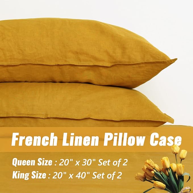 French Natural Linen Pillow Cases Set of 2 - Stone Washed Moisture-Absorbing Pillow Shams, King Size (20''x40''), Yellow