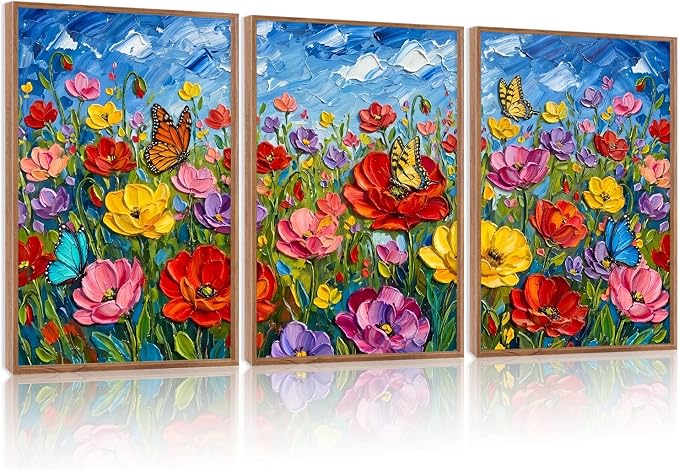 CHDITB 3D Textured Impasto Floral Poppy Framed Canvas Wall Art Set,Modern Butterfly Wildflower Country Wall Decor,Vibrant Colorful Spring Flower Art Prints for Living Room Bedroom Farmhouse 16"x24"x3