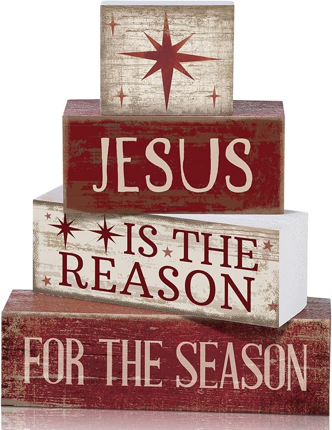 Lineshading 4 Pcs Christmas Table Decoration Jesus Decor Christmas Tiered Tray Decor Christian Centerpiece Decorative Jesus Block Signs Gift Farmhouse for Religious Home Office Tabletop Kitchen Office