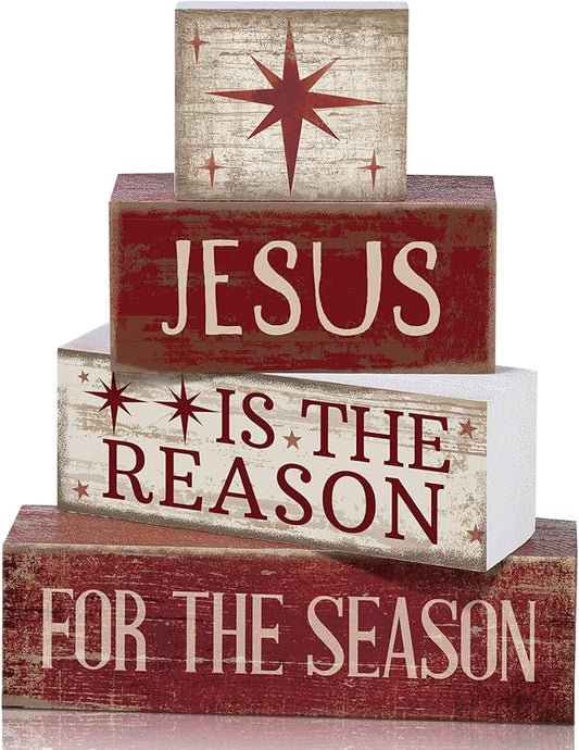 Lineshading 4 Pcs Christmas Table Decoration Jesus Decor Christmas Tiered Tray Decor Christian Centerpiece Decorative Jesus Block Signs Gift Farmhouse for Religious Home Office Tabletop Kitchen Office