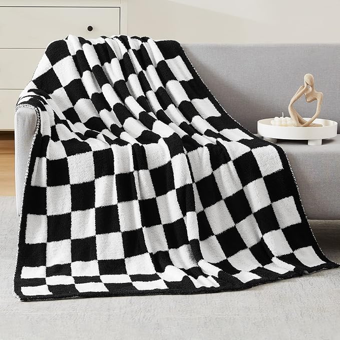 WRENSONGE Soft Checkered Throw Blanket for Couch-Cozy Warm Knitted Blankets | Lightweight Warm Fluffy Decor for Women, Mom, Her & Girls, Sofa, Chair, Bed, 50x70in, Black and White
