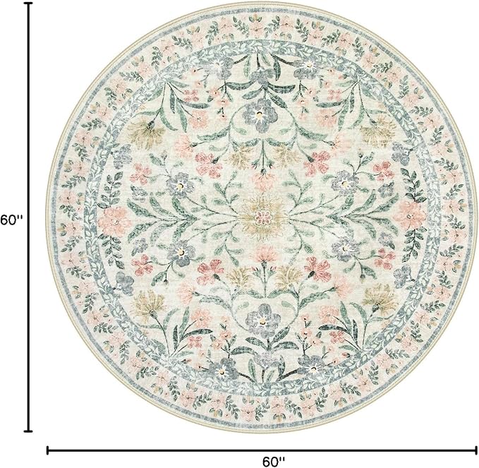 Wonnitar Round Washable Rug, Soft Floral Round Rugs 5ft Circle Carpets for Bedroom Ultra-Thin, Boho Beige Print Distressed Circular Carpet for Living Room Dorm Bedside