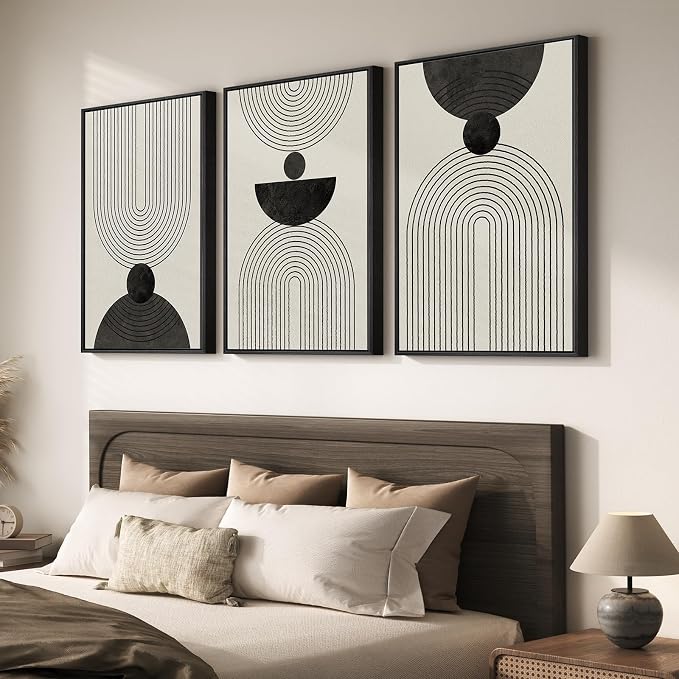 Framed Black and White Abstract Wall Art for Living Room, 3 Piece Modern Geometric Minimalist Canvas Artwork for Walls, Large Boho Neutral Prints Wall Decor for Bedroom Home Office Hallway, 24x36 Inch