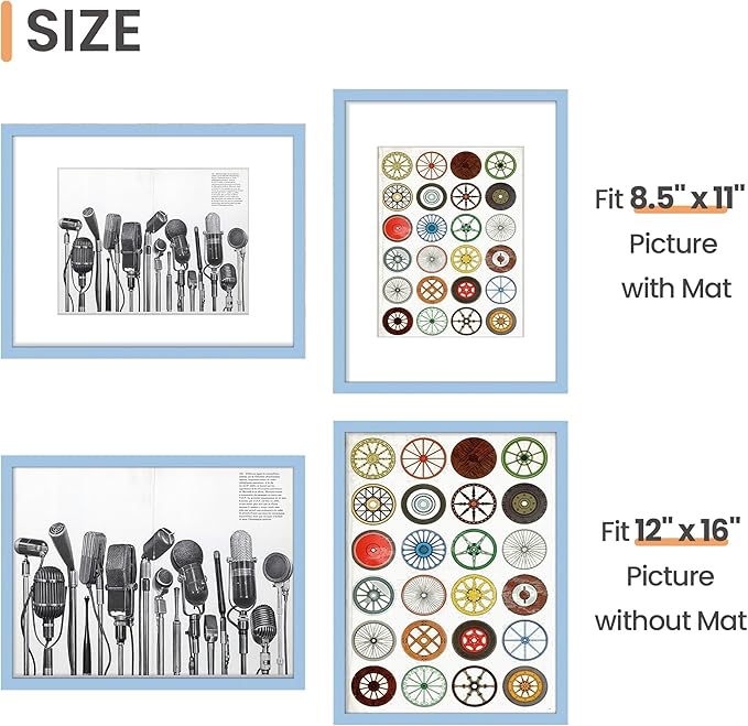 upsimples 12x16 Picture Frame, Display Pictures 8.5x11 with Mat or 12 x 16 Without, Wall Hanging Poster Frames, Blue, 1 Pack