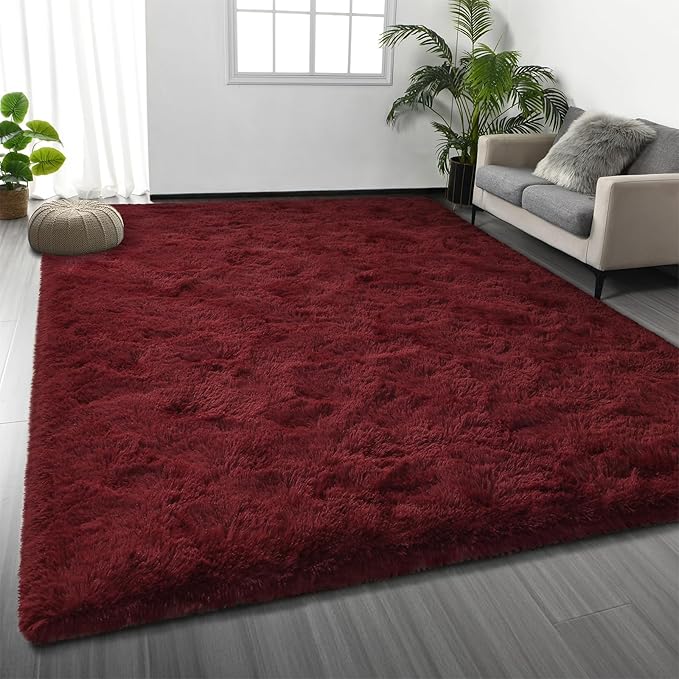 Deerhoo Large Shag Area Rugs 8 x 10, Plush Fuzzy Rugs for Living Room, Ultra Soft Fluffy Furry Rug for Bedroom, Indoor Carpet Nursery Rugs for Kids Room Home Decor, Burgundy