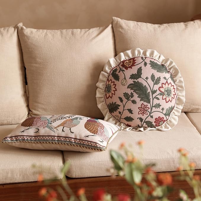 ISAENNE Vintage Linen Throw Pillow Cover,Set of 2,Diameter 16"-Ratina A | Designer Elegant Round Pillow Cover,Concealed Zipper Design,Floral Pattern,Sofa,Bedroom,Living Room,Lounge Chairs