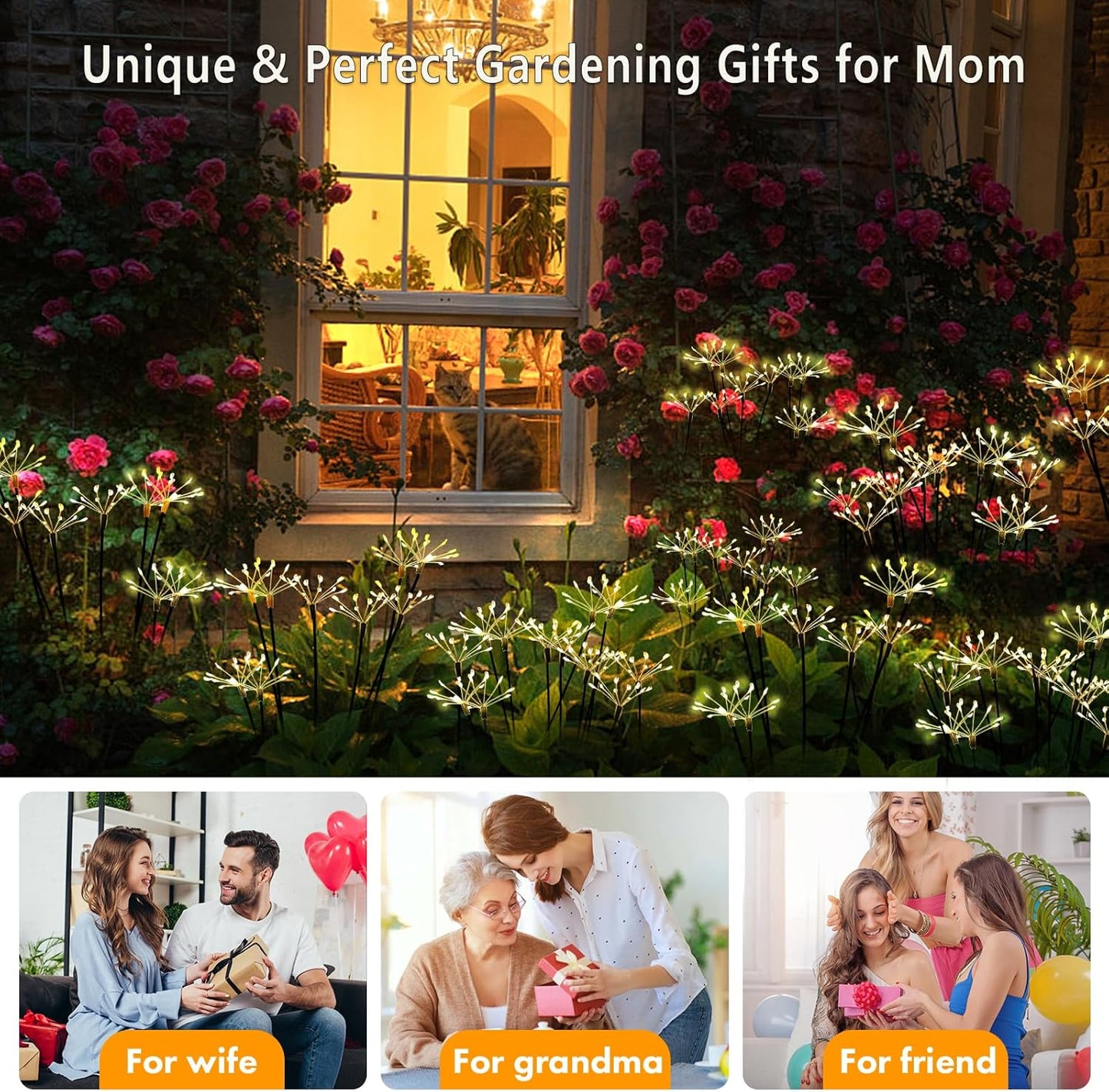 Solar Garden Lights 2 Pack Twinkling Solar Firework Lights with 2 Modes 120LED, Solar-Powered Light for Outside Yard Pathway Garden Decor Outdoor Waterproof, Gardening Gifts for Women Mothers Day,Warm