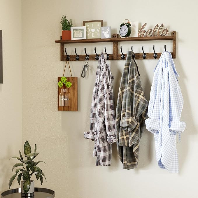 AMBIRD 34.2 inch Wooden Extra-Long Wall Hook Rack with Shelf - Versatile and Decorative Wall-Mounted Storage - 10 Hooks for Hanging Coats, Hats, Scarves - Ideal for Entryways, Bedrooms, Closets