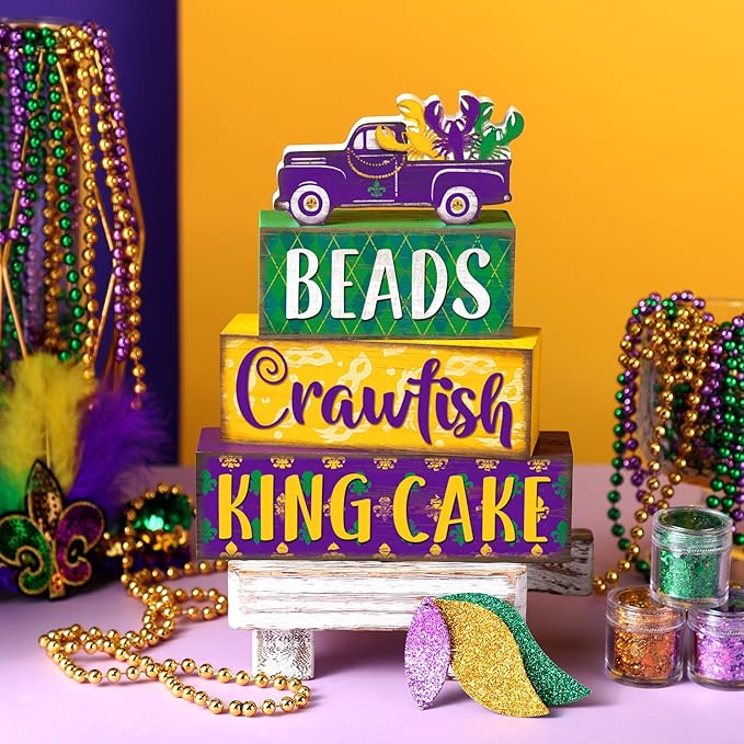 Marsui 4 Pcs Mardi Gras Decorations Mardi Gras Centerpieces Table Decorations Farmhouse Wooden Tabletop Blocks Sign for Home Party Rustic Tiered Tray Shelf Office Carnival Decor