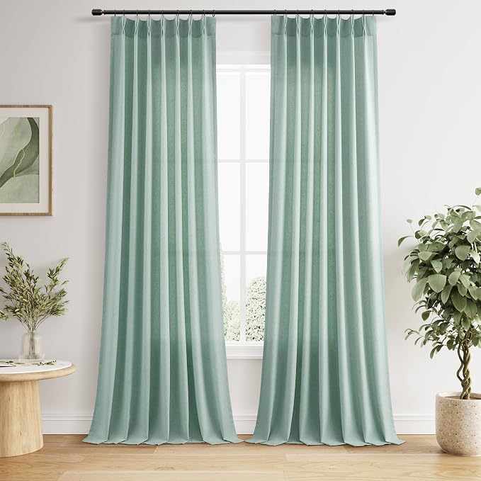 Aqua Green Pinch Pleated Linen Curtains 90 Inches Long Elegant Boho Farmhouse Semi Sheer Textured Linen Blended Light Filtering Curtain for Living Room Bedroom Pleated Drapes with Hooks Rings 40x90
