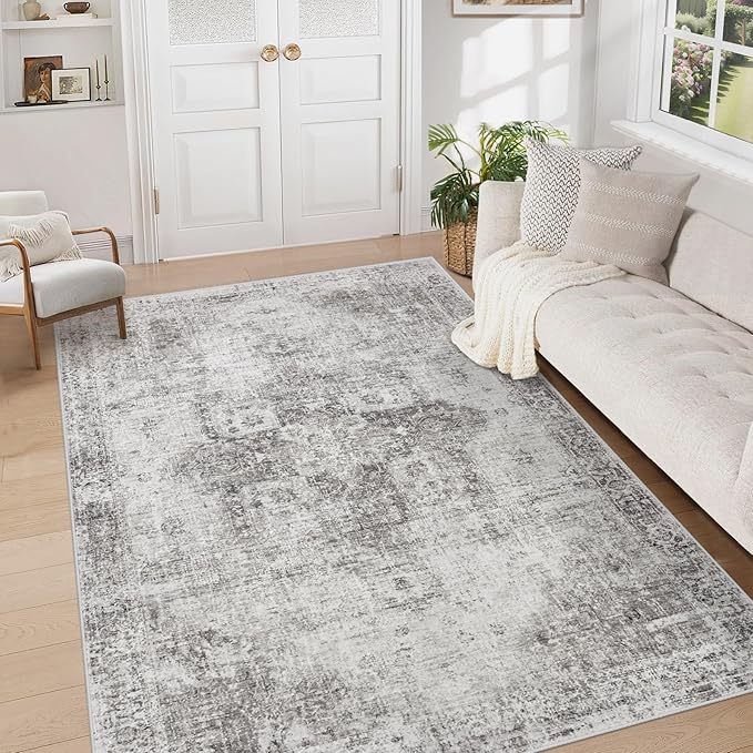 Area Rug 5x7 Washable Rug, Vintage Boho Medallion Rugs Non-Slip Soft Low Pile Large Distressed Rug Indoor Retro Carpet for Living Room Bedroom Dining Room Home Office (Grey, 5'x7')